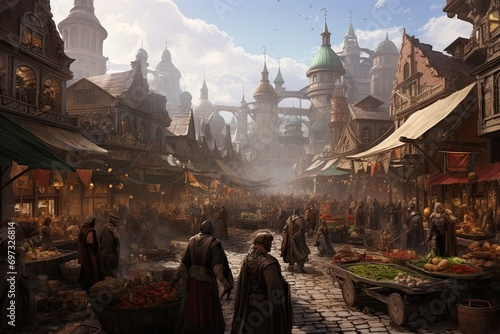 Medieval market in the old town of Lviv, Ukraine, AI Generated photo