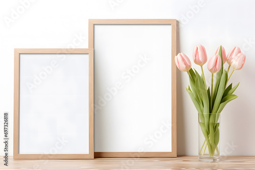Two wooden empty picture frames next to pink tulip spring flowers in vase in front of white wall. Poster mockup photo