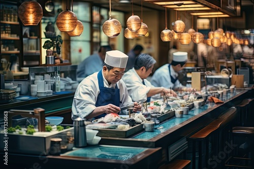 Japanese chef preparing sushi in a restaurant. Japanese chef decorating sushi  AI Generated