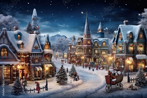 Christmas village with houses in the snow at night. 3d rendering, AI Generated