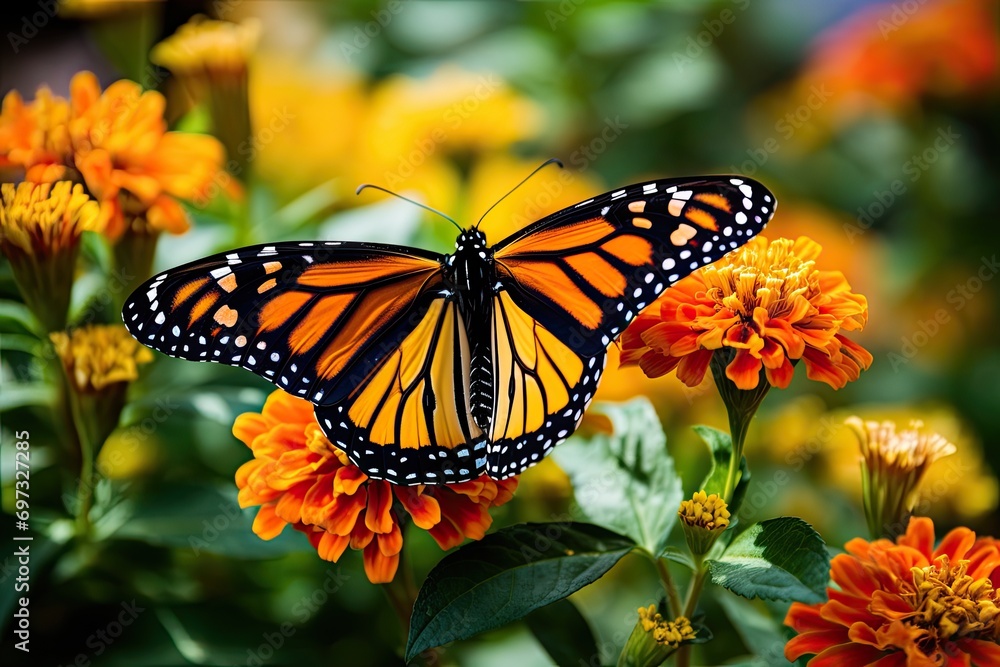 Naklejka premium Monarch butterfly Danaus plexippus feeding on a flower, AI Generated