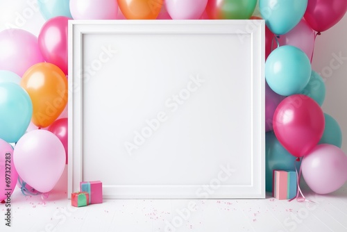 Birthday frame with color balloons with sparkles, blank frame decoration with balloon , Ai generated