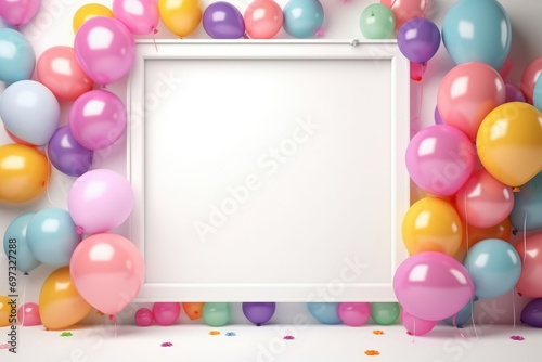 Birthday frame with color balloons with sparkles, blank frame decoration with balloon , Ai generated