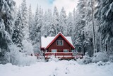 Beautiful red wooden house in the winter forest. Beautiful winter landscape, AI Generated