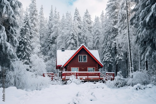 Beautiful red wooden house in the winter forest. Beautiful winter landscape, AI Generated © Iftikhar alam