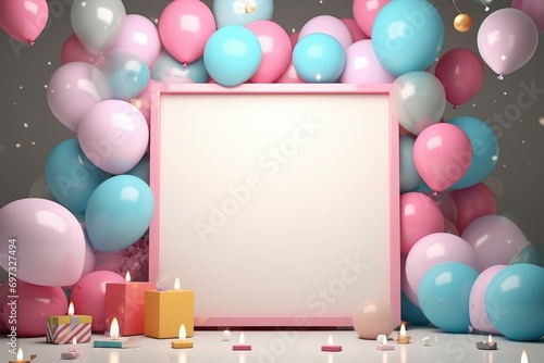 Birthday frame with color balloons with sparkles, blank frame decoration with balloon , Ai generated