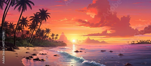 Tropical beach with colorful sky at dawn or dusk.