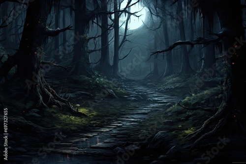 Fantasy landscape with a dark forest and a full moon above it, AI Generated © Iftikhar alam