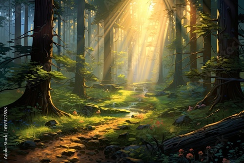 Forest in the light of the morning sun. 3D illustration, AI Generated