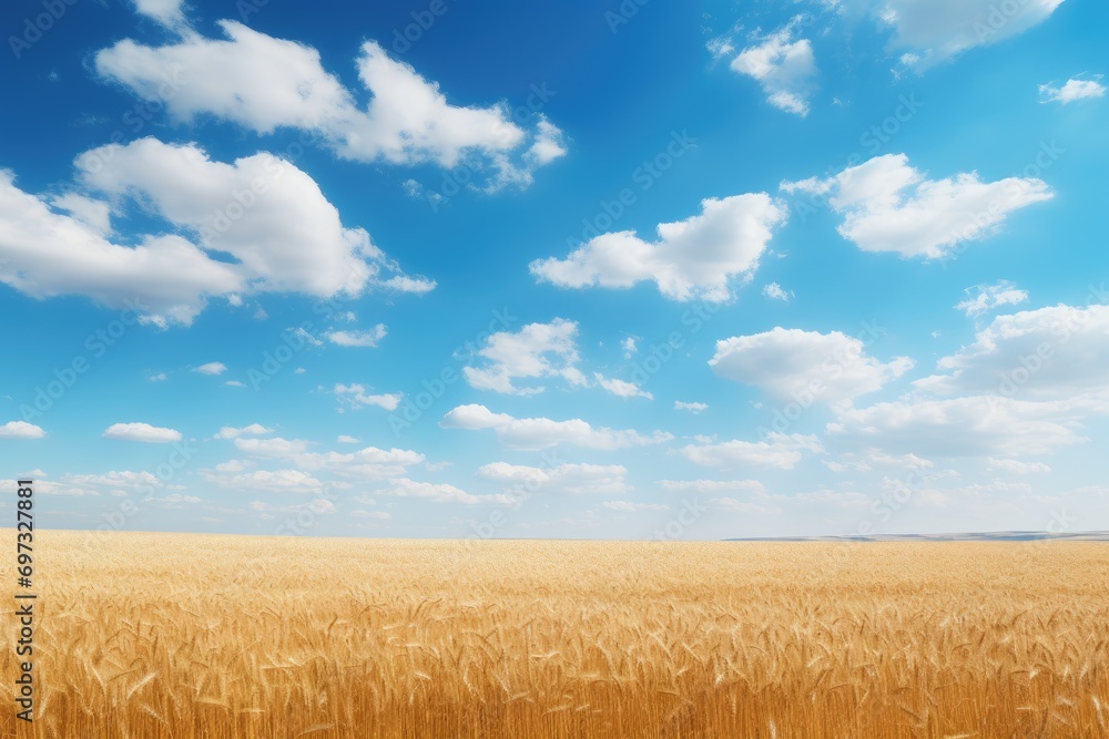 Wheat field and blue sky with clouds. Rich harvest concept, A dreamy endless wheat field under a baby blue sky with fluffy white clouds, AI Generated