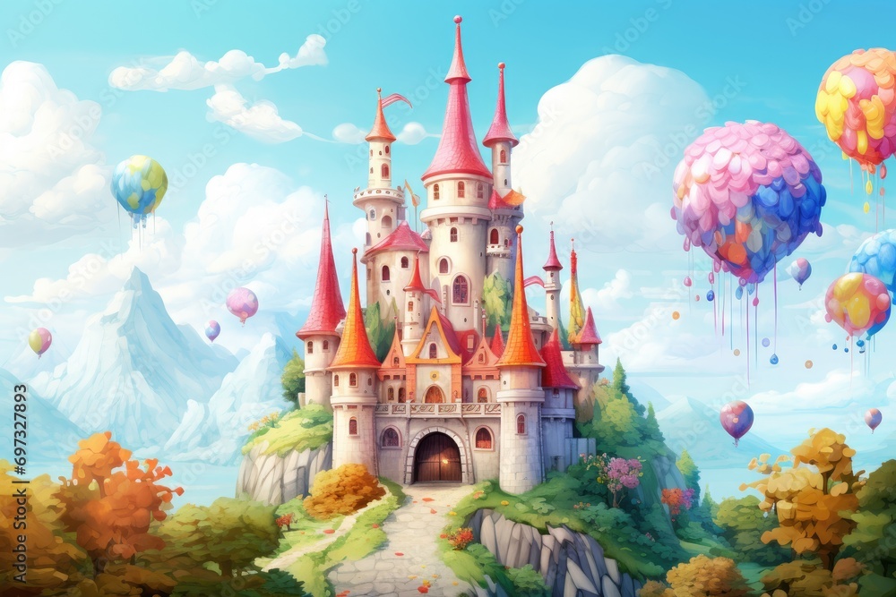 Cartoon castle on the hill with colorful balloons flying around - illustration for children, A fairy tale castle with floating balloons and cute cartoon creatures, AI Generated