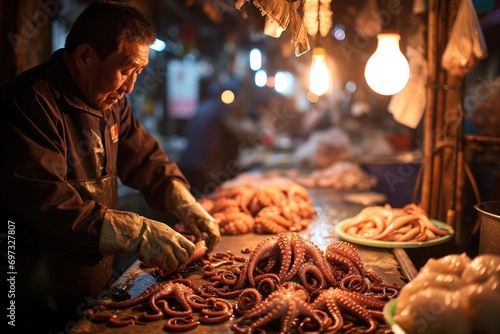 A market trader in China cleans fresh octopuses surrounded by market activity. photo