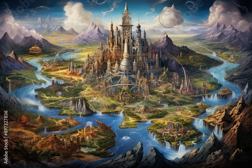 Fantasy landscape with fantasy castles  mountains and river. Digital painting  AI Generated
