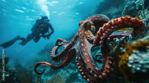 Octopus and divers in underwater game.