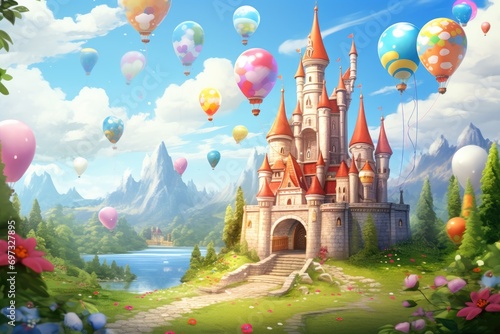 Fantasy landscape with castle and balloons in the sky. 3d rendering, A fairy tale castle with floating balloons and cute cartoon creatures, AI Generated