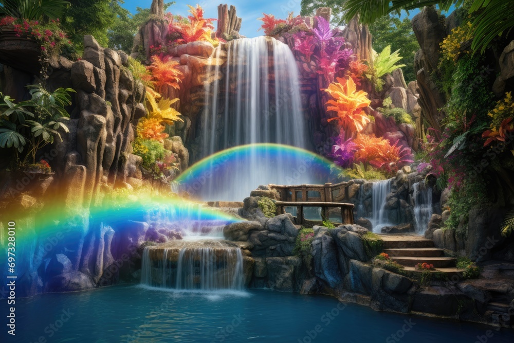 Rainbow And Waterfall In The Tropical Garden 3d Rendering A Magical