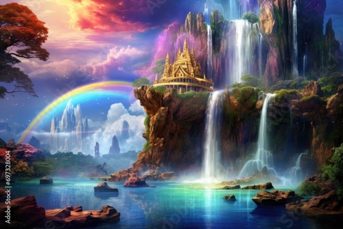 Beautiful fantasy landscape with waterfall and rainbow in the sky. Digital painting, A magical rainbow waterfall pouring down into a shiny crystal pool, AI Generated © Iftikhar alam