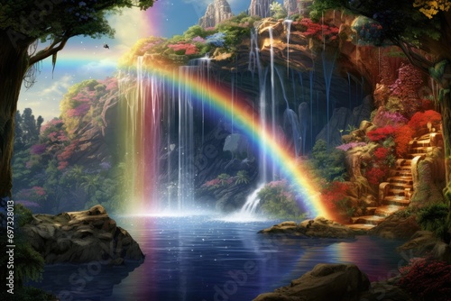 Rainbow and waterfall in the forest. 3d rendering. Computer digital drawing, A magical rainbow waterfall pouring down into a shiny crystal pool, AI Generated photo
