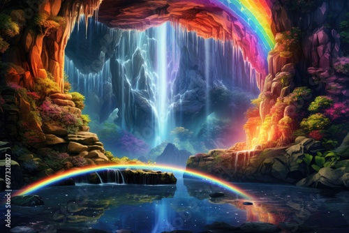 Fantasy landscape with waterfall and rainbow, 3d render. Computer digital drawing, A magical rainbow waterfall pouring down into a shiny crystal pool, AI Generated photo
