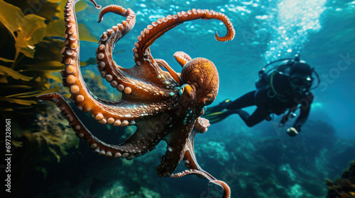 Octopus and divers in underwater game.