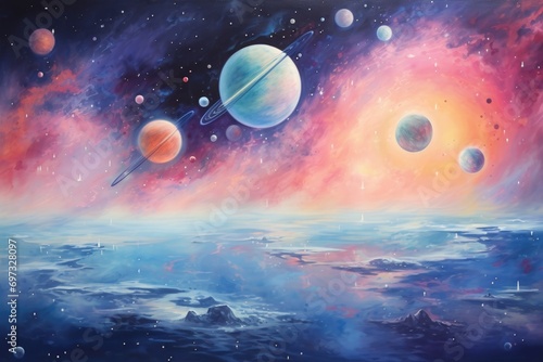 Planets in outer space. Elements of this image furnished by NASA, A soft pastel galaxy with planets and shooting stars, AI Generated photo