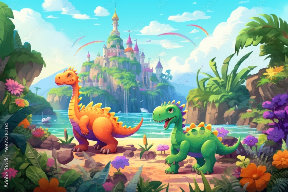 Fototapeta premium cartoon scene with castle and dinosaurs near the river - illustration for children, A tropical magical island with baby dinosaurs playing and colorful plants, AI Generated