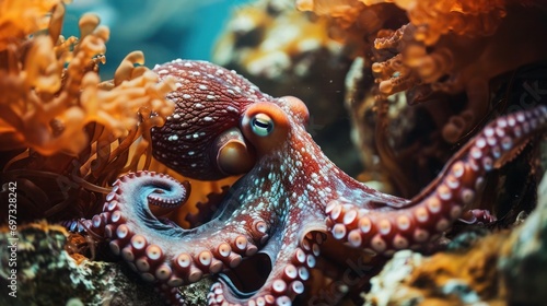 An octopus retreats to the safety of an underwater cave surrounded by marine flora. © Irina