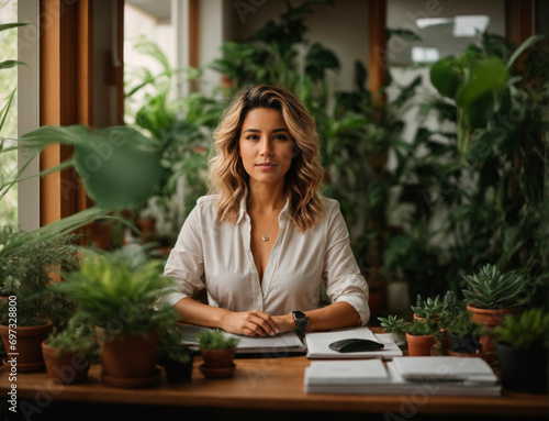 Portrait of a businesswoman telecommuting from her home, in front of the computer, in a room surrounded by plants, natural elements, and natural light