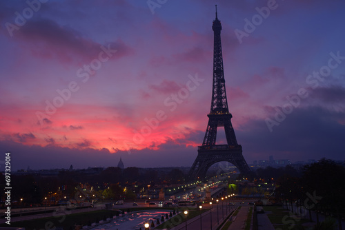 Eiffel tower sunrise in 7th arrondissement of Paris city