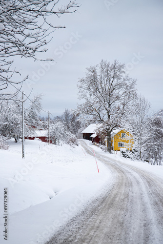 Typical red Swedish house. Holtzhaus in a winter landscape with ice and snow. Small settlement in the middle of the snow-covered forest. Landscape shot in Sweden