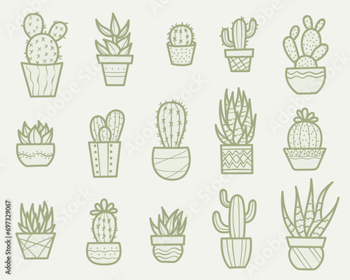 Cute houseplant hand drawn vector illustration set, clip art elements, plants in pots, cactus and succulent doodle collection