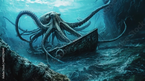 Myth of the deep sea: octopus versus boat.