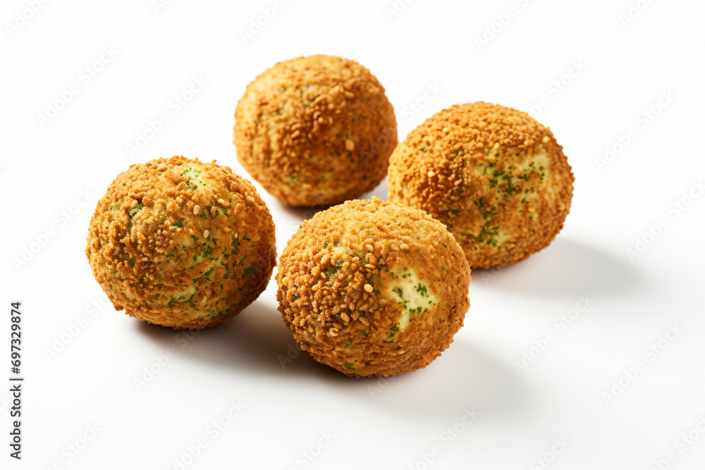 four balls of breaded bread with broccoli on top four balls of breaded bread with broccoli on top