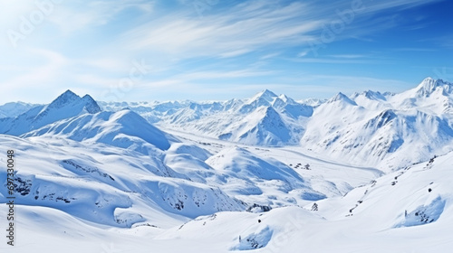 Wallpaper of winter landscape for texts and quotes. Blurred wallpaper of winter with snow and mountains.View from the top. © Loucine