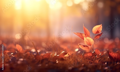 photo of scattered autumn leaves with bokeh light behind them. generative AI photo