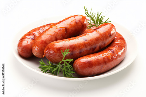 a plate of sausages with a sprig of dill
