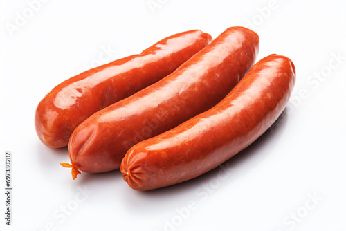 three hot dogs are sitting on a white surface