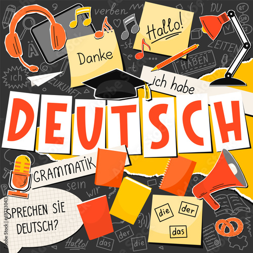 Deutsch. German language collage. Translation: "German, Do you speak German? thank you, grammar, the, he, she, it, me, I have, times, be, future, hello, verb, you". 