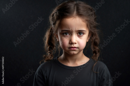 portrait of a cute sad girl with curly dark hair on a dark background. negative emotions. charming girl 4-5 years old, ready to cry. sadness. depression