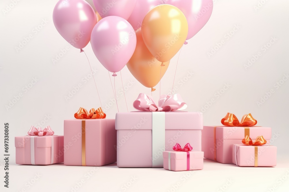 Gift boxes with color balloons and confetti, 3d render of birthday background with gift box, balloons and confetti, AI Generated