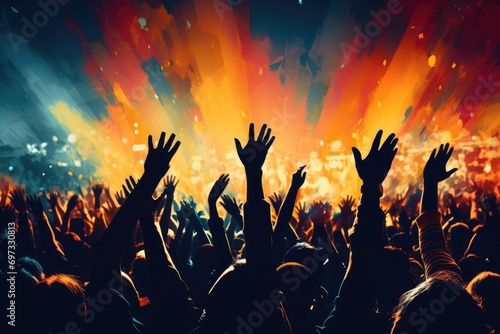 Crowd cheering at a music festival with hands raised up. Music festival concept, Crowd raising hands in the air and enjoying a concert at a festival, AI Generated