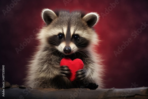 Cute raccoon holding a red heart on a dark background, Cute baby raccoon holding a red heart on Valentine's Day, AI Generated © Ifti Digital