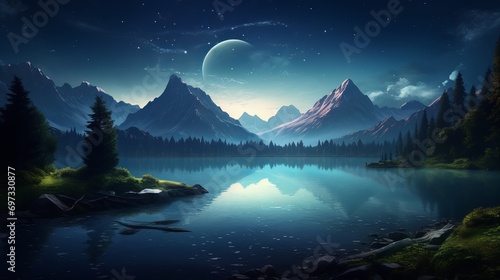 A poster depicts a mountain lake with a full moon as the backdrop