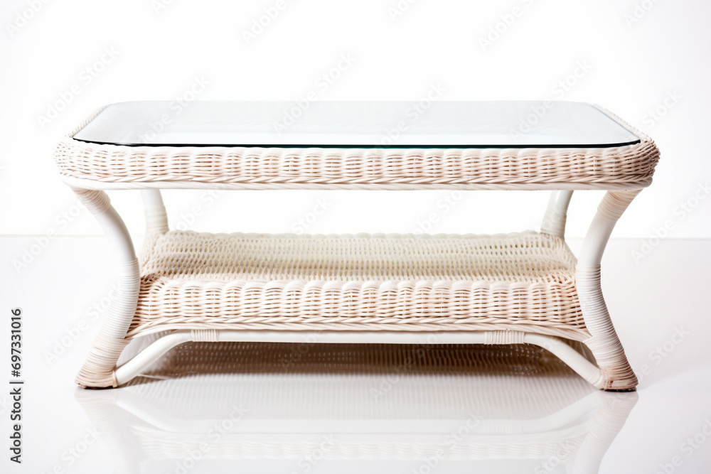 a white wicker table with a glass top a white wicker table with a glass top