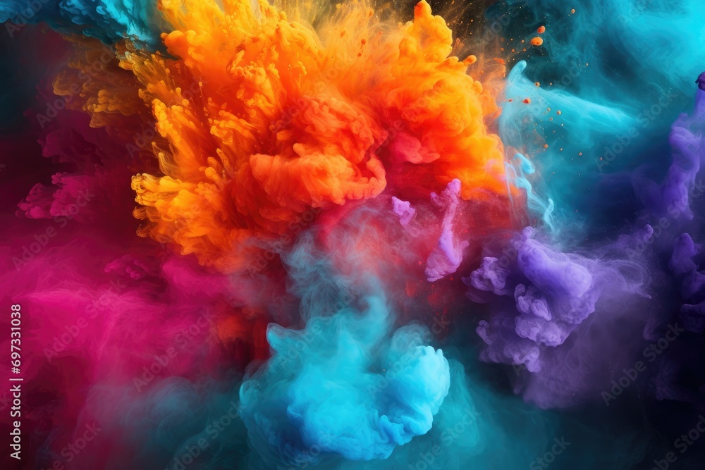 Colorful abstract powder explosion on black background. Colorful cloud of smoke, Colored powder explosion, Abstract close-up dust on the backdrop, AI Generated
