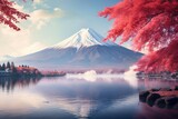 Fuji mountain with red maple leaf and lake in autumn season. Colorful Autumn Season and Mount Fuji with morning fog and red leaves at Lake Kawaguchiko, AI Generated