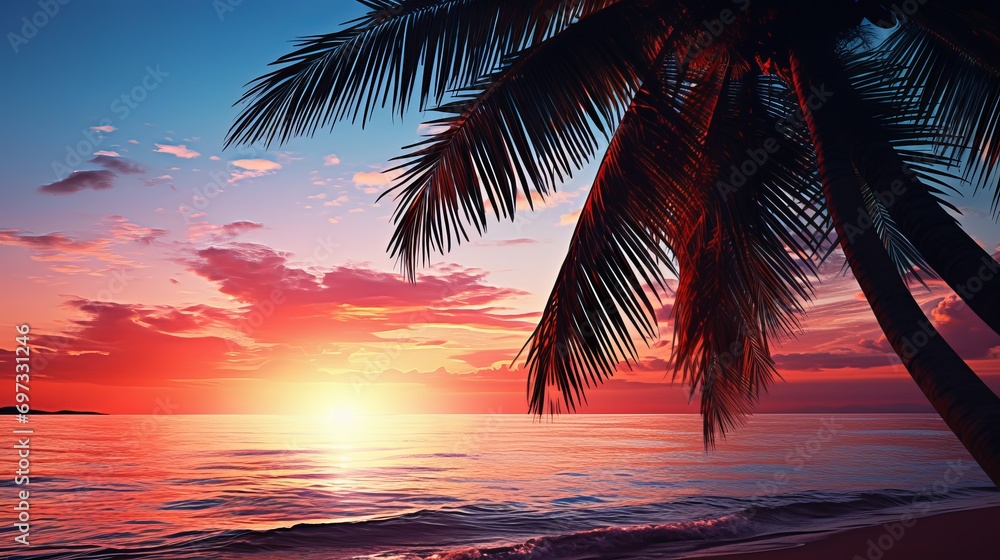 A tropical beach background is the backdrop for an abstract seascape with palm trees.