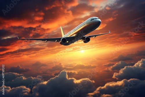 Airplane flying in the sky at sunset. 3d render illustration, Commercial airplanes flying above dramatic clouds during sunset, AI Generated