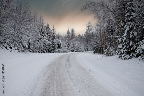 Winter landscape in the sunset. A road full of snow leads through a forest with snow-covered pine trees in Sweden
