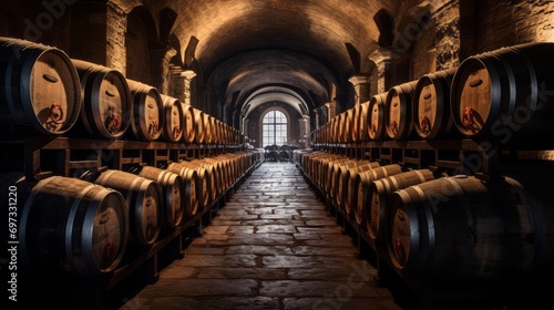 Exploring Alba's Pristine Wine Paradises: Captivating Wine Barrels in Piedmont's Langhe Winery Regio photo